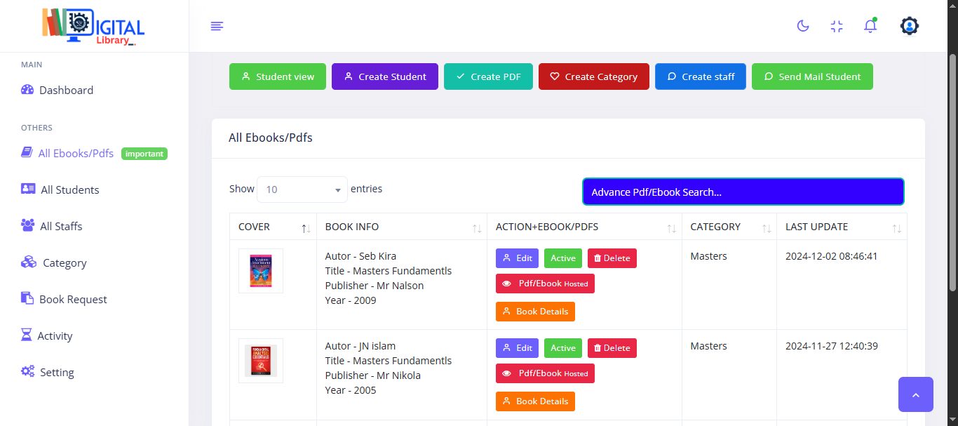 Admin eBook and PDF manager table