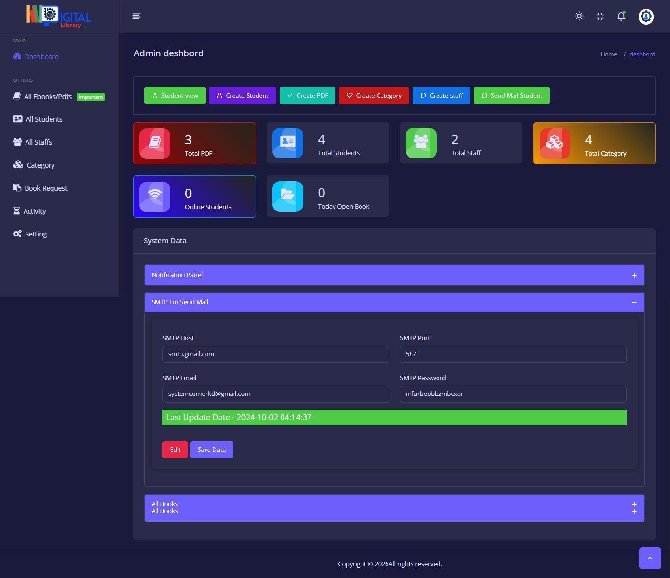 Dark mode admin dashboard with SMTP panel