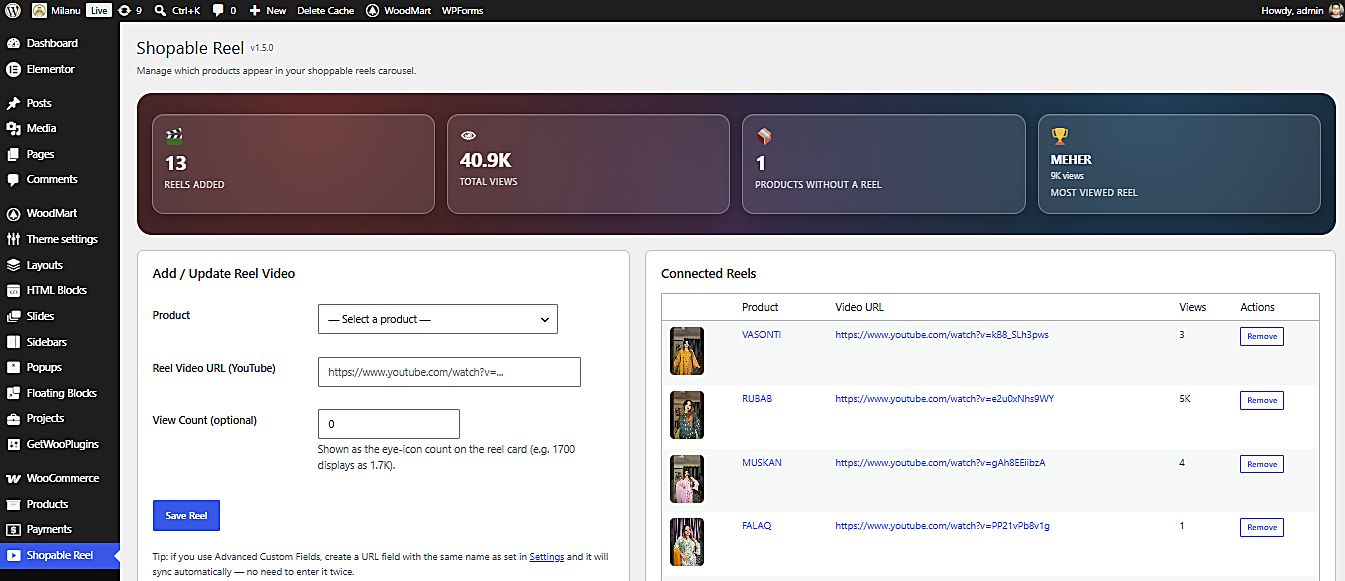 Manage Reels admin dashboard