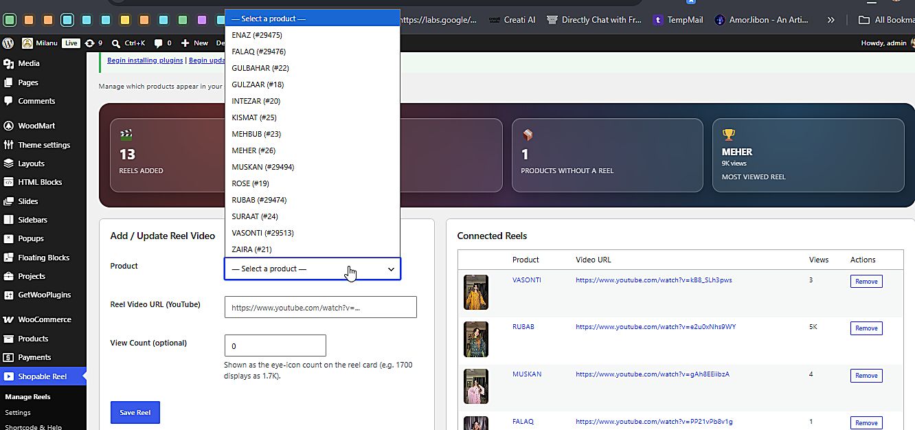 Product selector dropdown