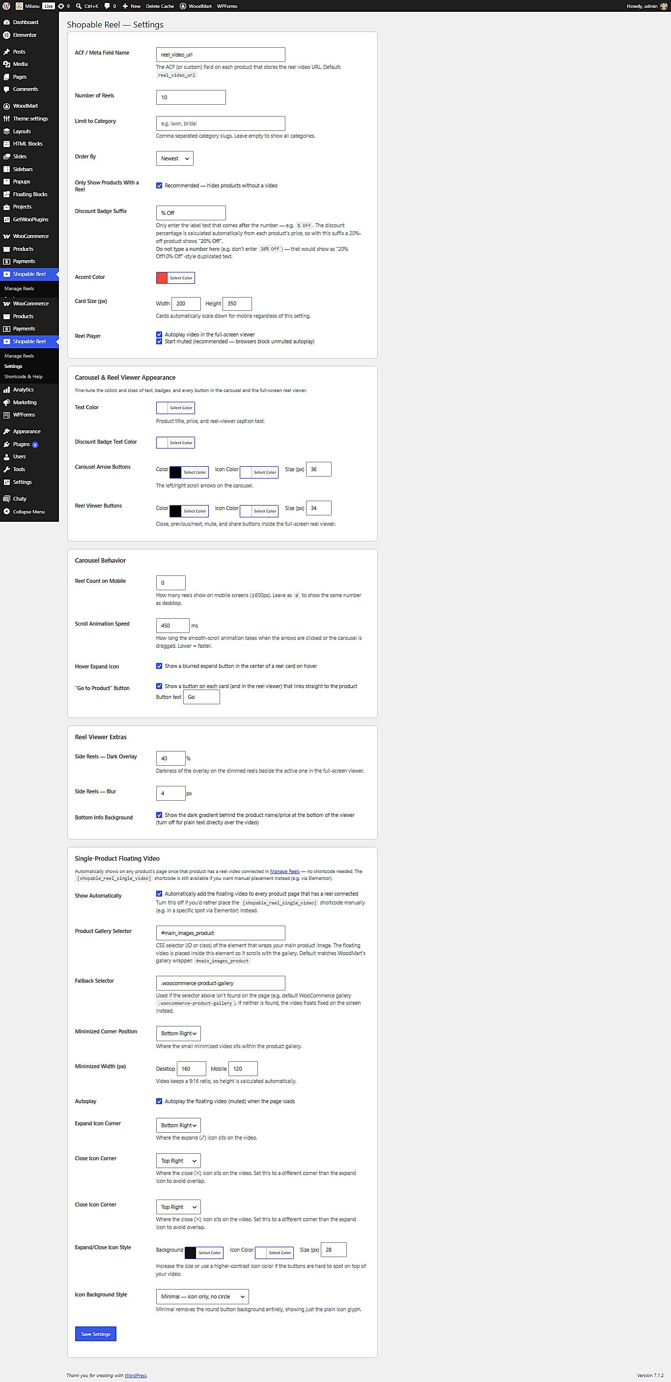 Settings in WP admin